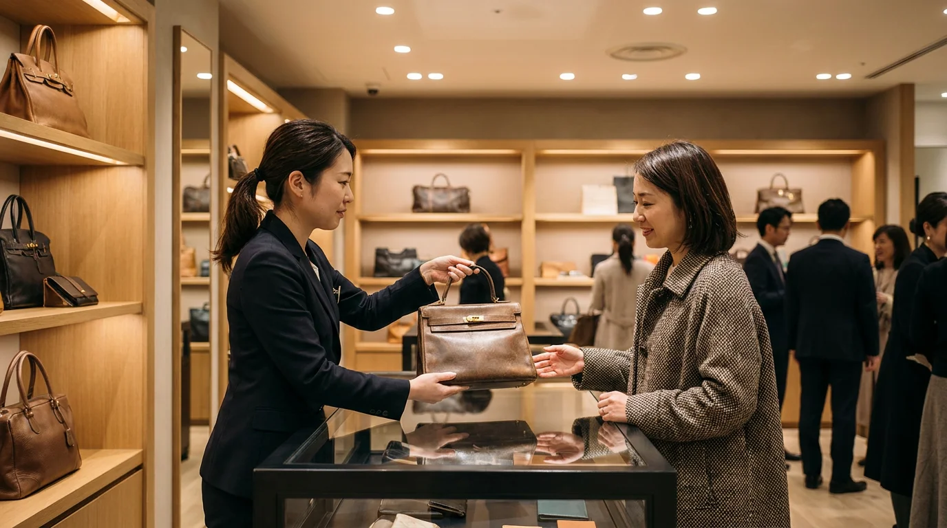店頭でバッグを手に取りお客様に説明するスタッフ